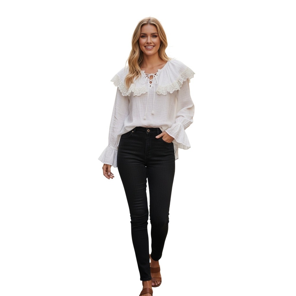 NWT Parisian Luzabelle White Cotton Lace Oversized Portrait Cllr Boho Blouse S/M